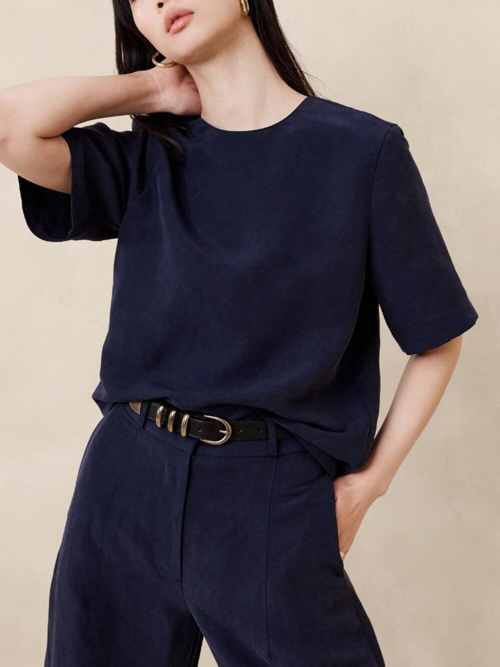 NWT Banana Republic Navy Blue Tencel-Linen Relaxed Crew Neck Tee Top M